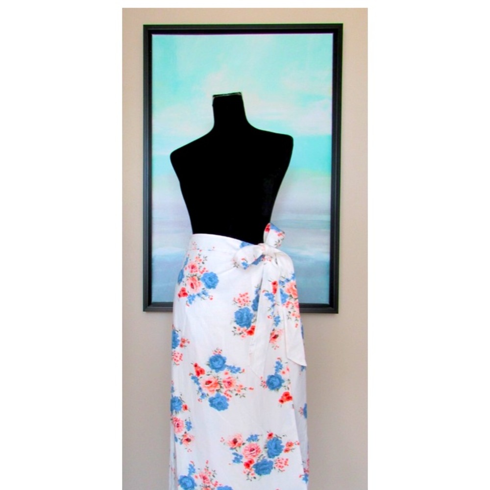LOFT White Linen Floral Print Midi Wrap Skirt - Picture 5 of 6